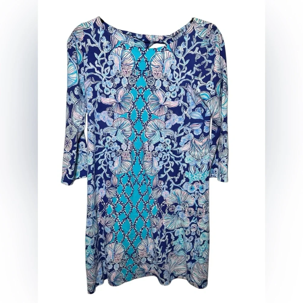 Lilly Pulitzer Navy Blue Shell Print Cotton‎ 3/4 Sleeve Knot Back Dress Women S